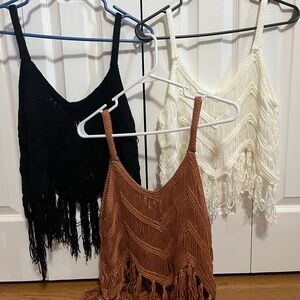 Stylish Fringe Knit Tank Top - Black, White, and Brown